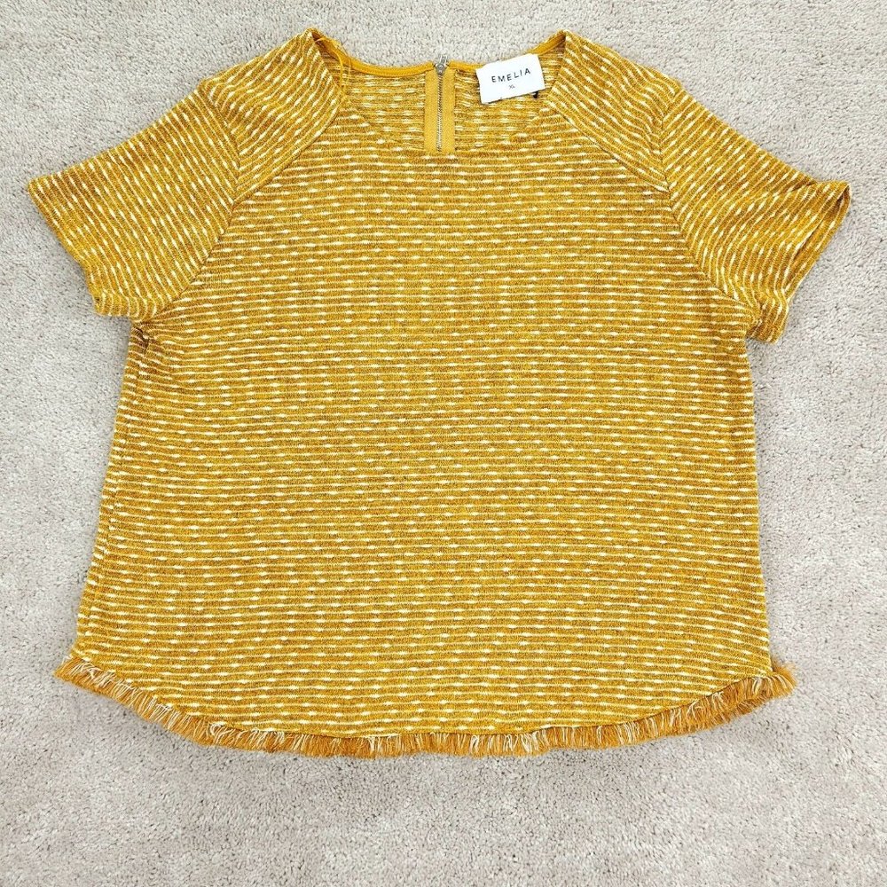 Emelia Top Women's Extra Large Yellow Stripe Short Sleeve Zipper Neck Fringe Hem
